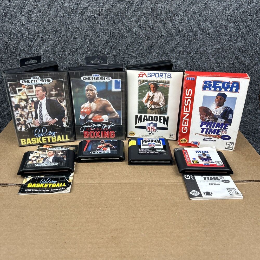 Sega Genesis Game Lot Of 4 Sports Madden Boxing Pat Riley Basketball Prime Time